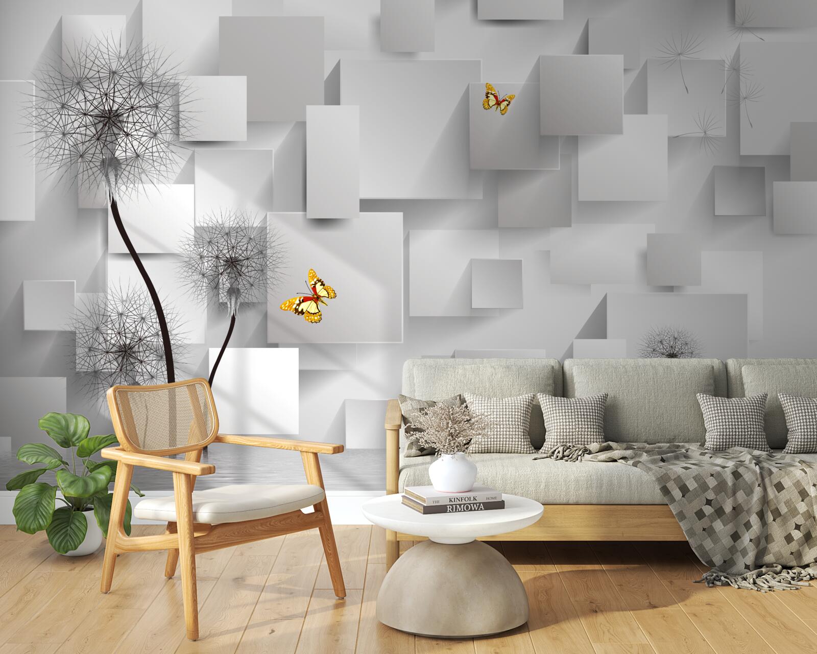 Fotobehang abstracte witte vierkanten met paardenbloemen op de voorgrond