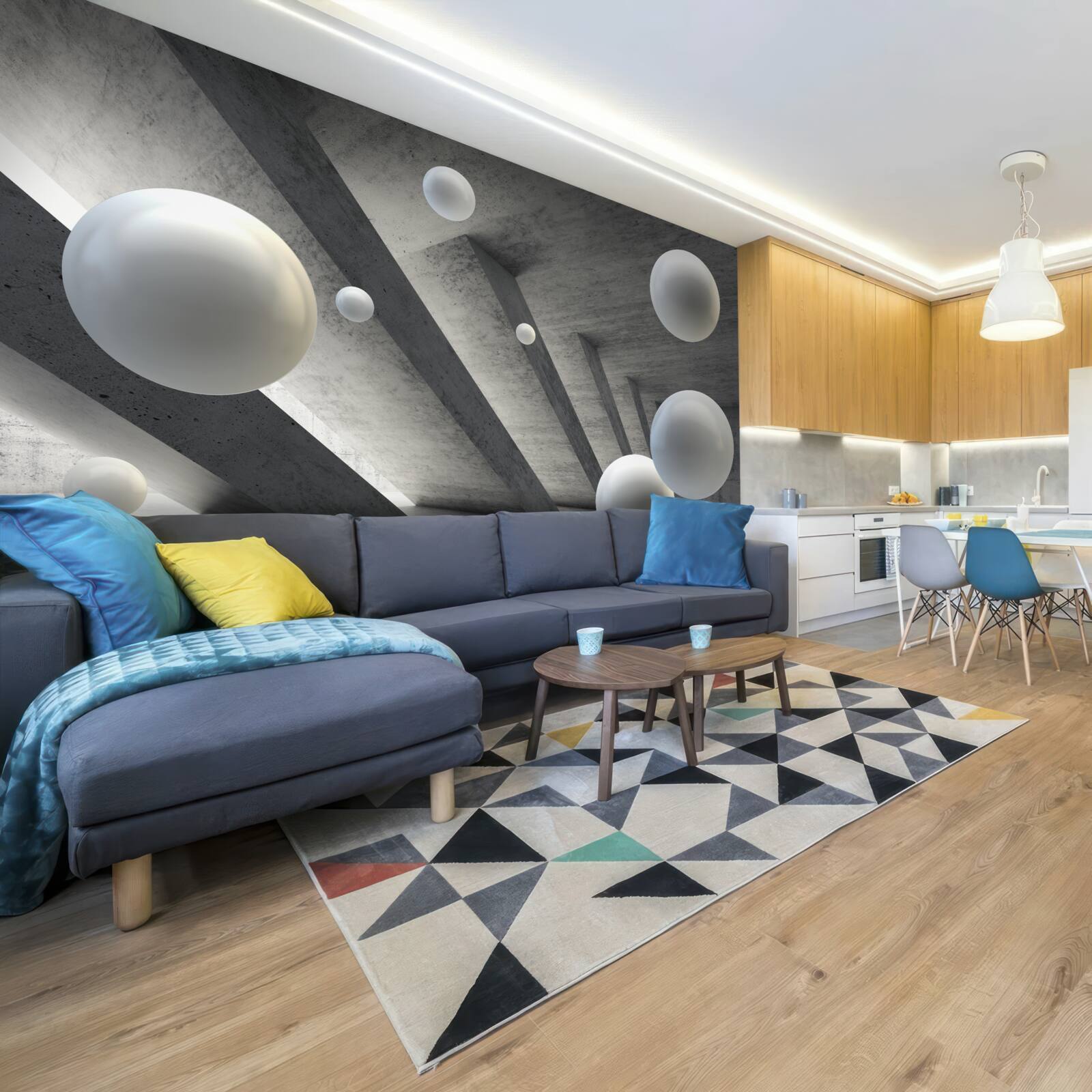 Fotobehang witte bolletjes in een betonnen gang