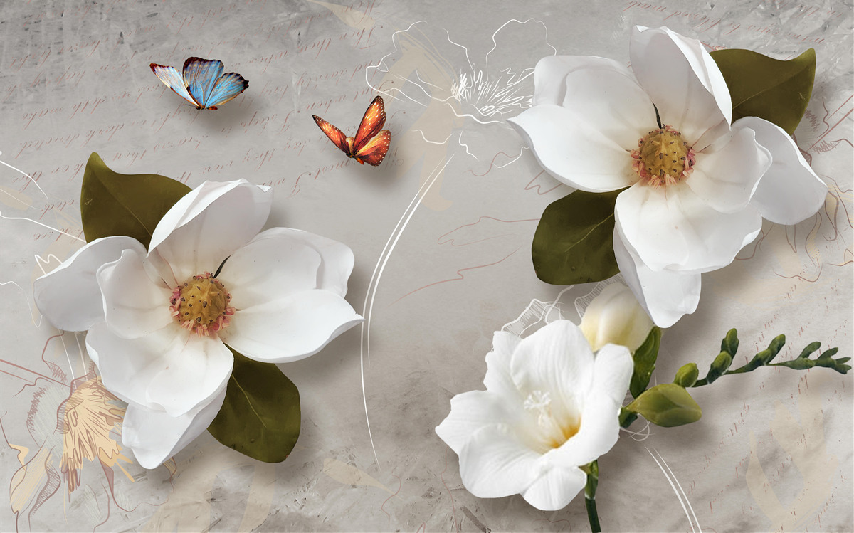 Fotobehang twee vlinders vliegen over sneeuwwitte bloemen