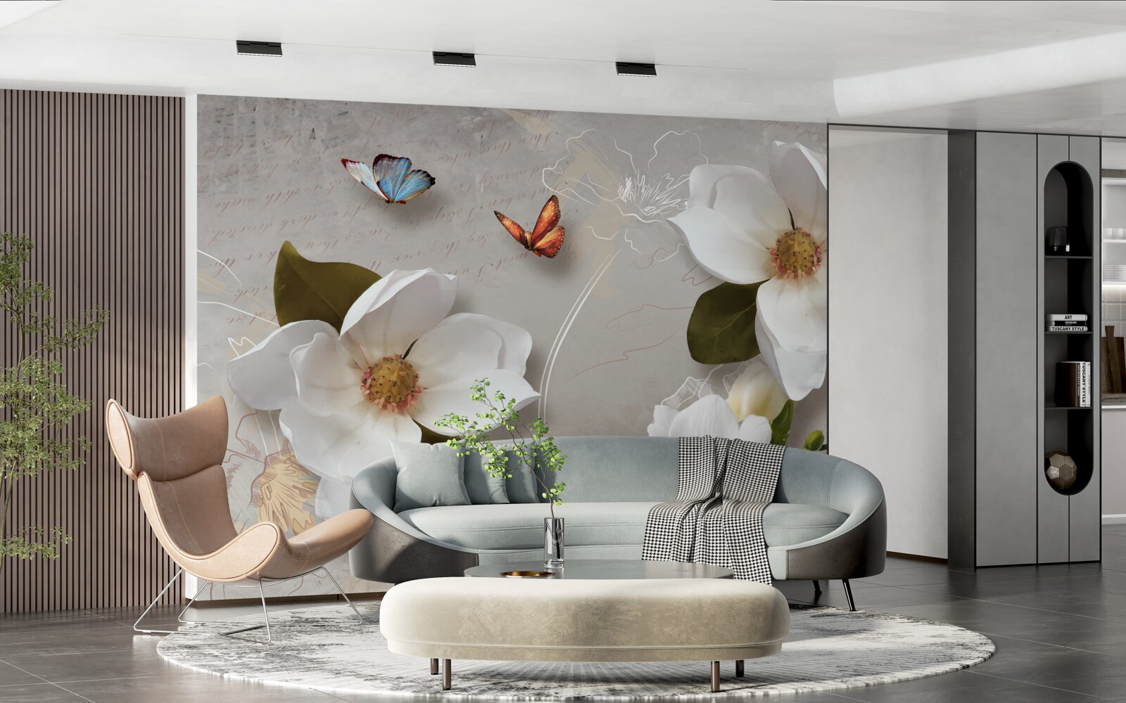 Fotobehang twee vlinders vliegen over sneeuwwitte bloemen