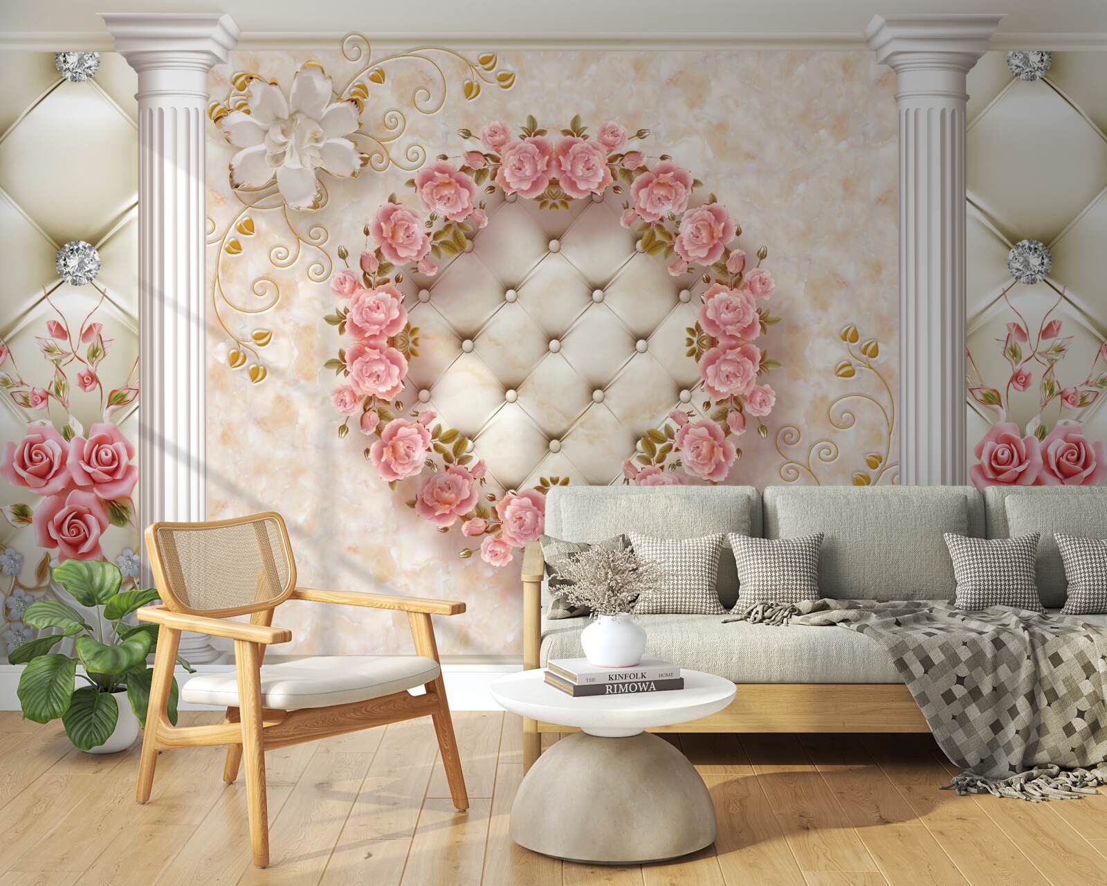 Fotobehang aan de muur hangt een krans van roze rozen