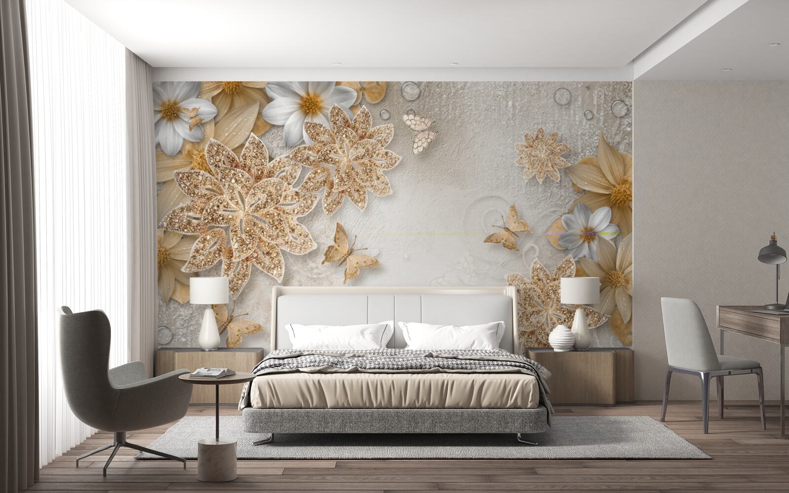 Fotobehang bloemen in witte en bruine tinten met vliegende vlinders