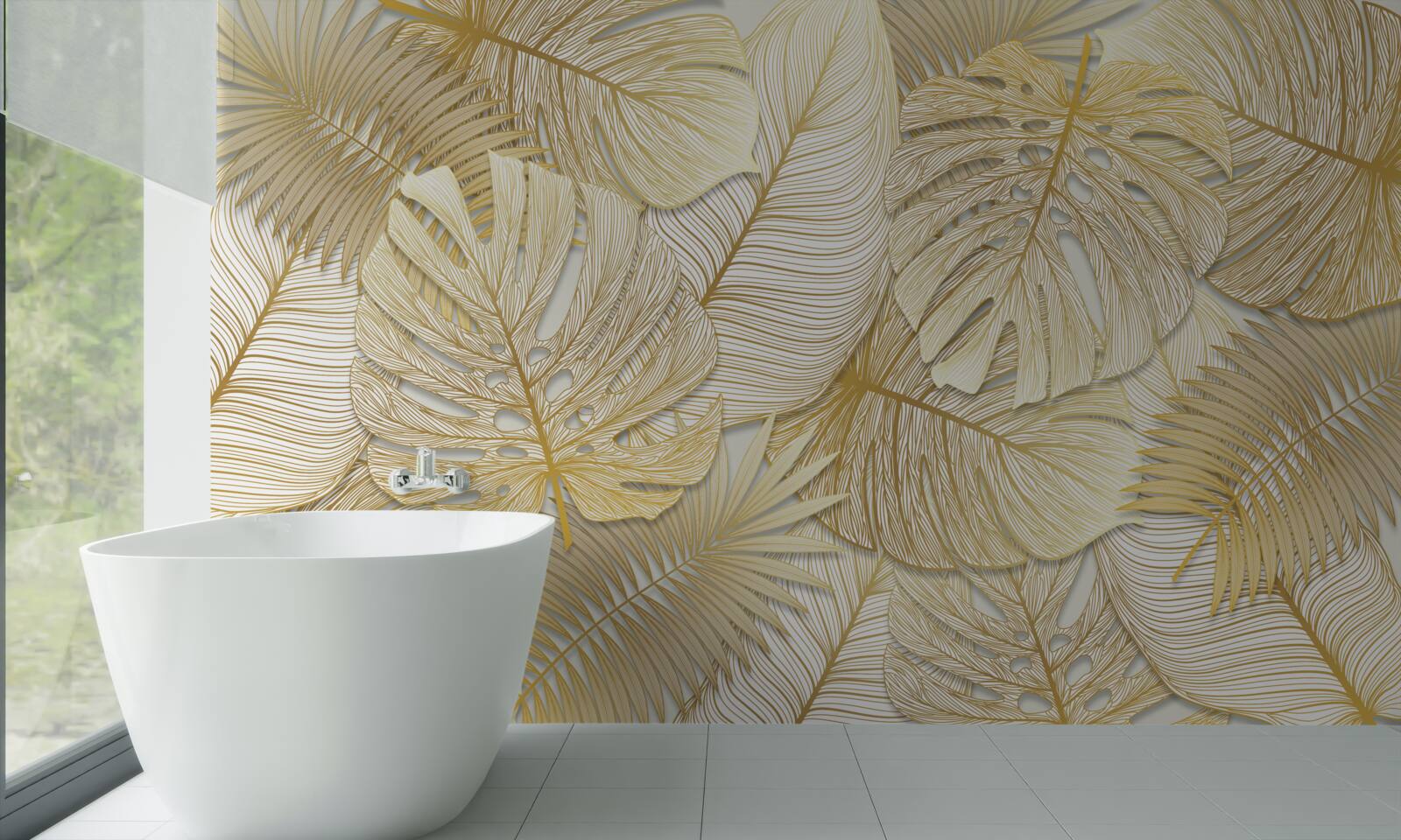 Fotobehang de bladeren van de tropische monstera zijn goud en bruin van kleur