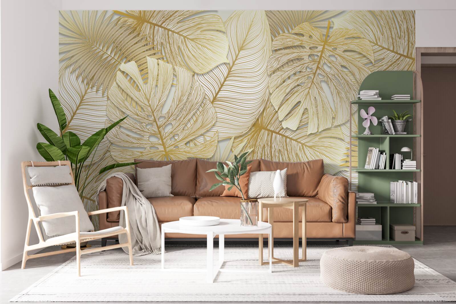 Fotobehang de bladeren van de tropische monstera zijn goud en bruin van kleur