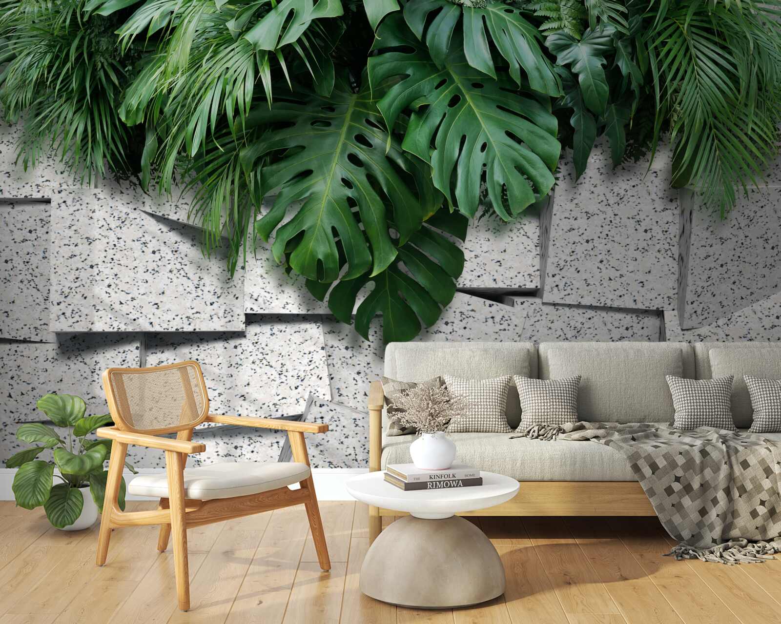 Fotobehang monstera in een tropische sfeer op een grijze achtergrond