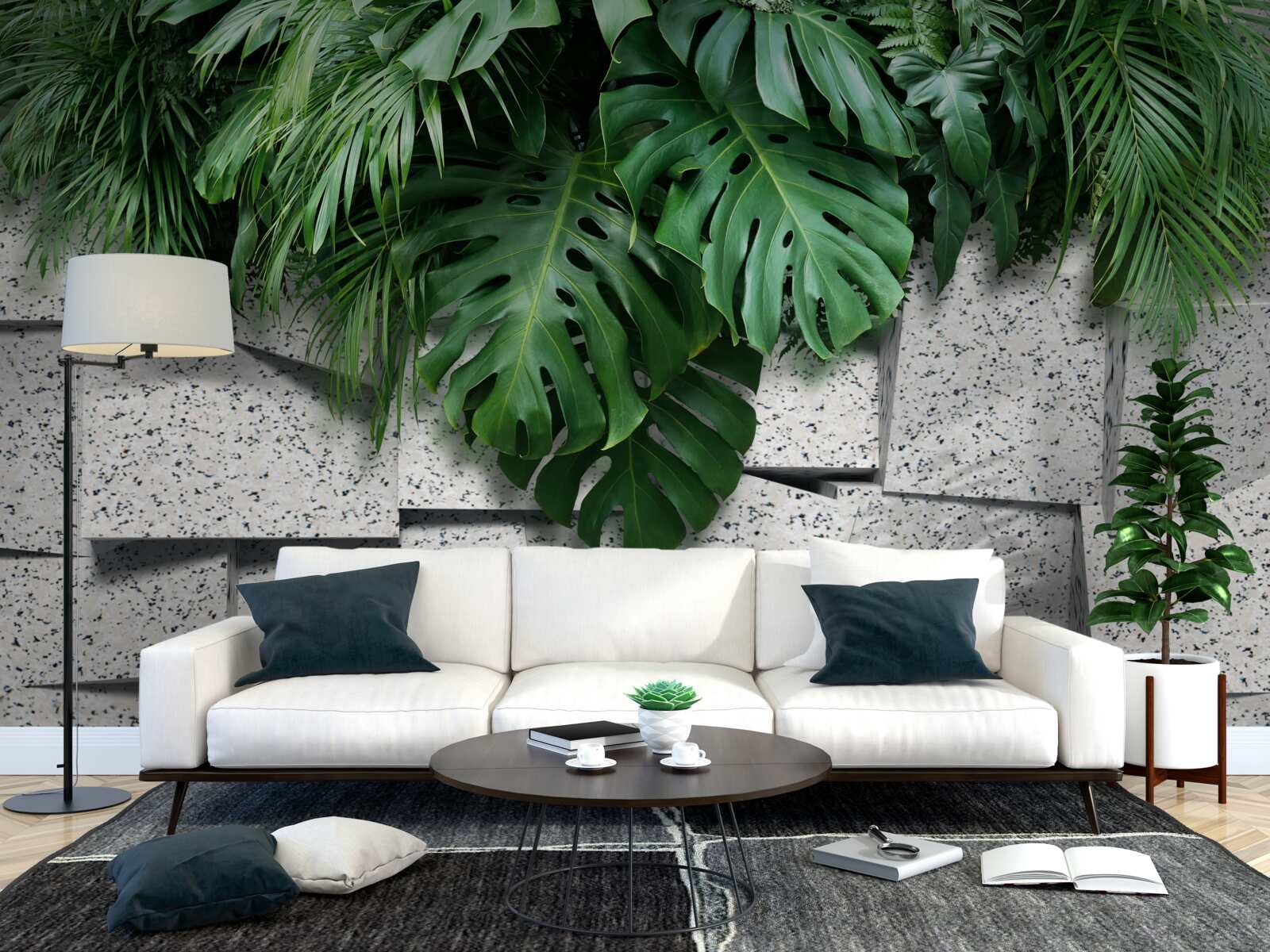 Fotobehang monstera in een tropische sfeer op een grijze achtergrond