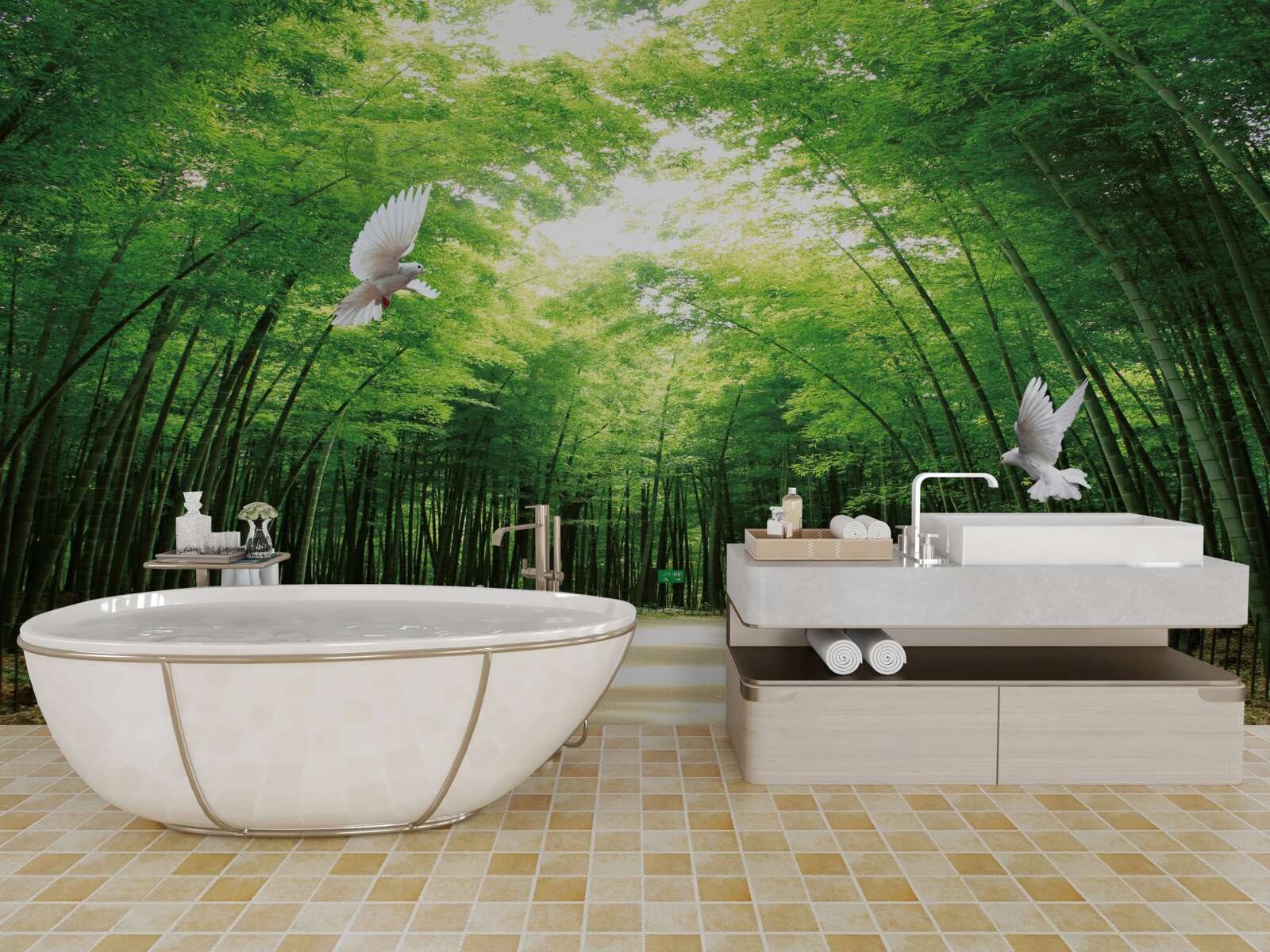 Fotobehang ga de botanische tuin in, aangelegd en bewoond door duiven