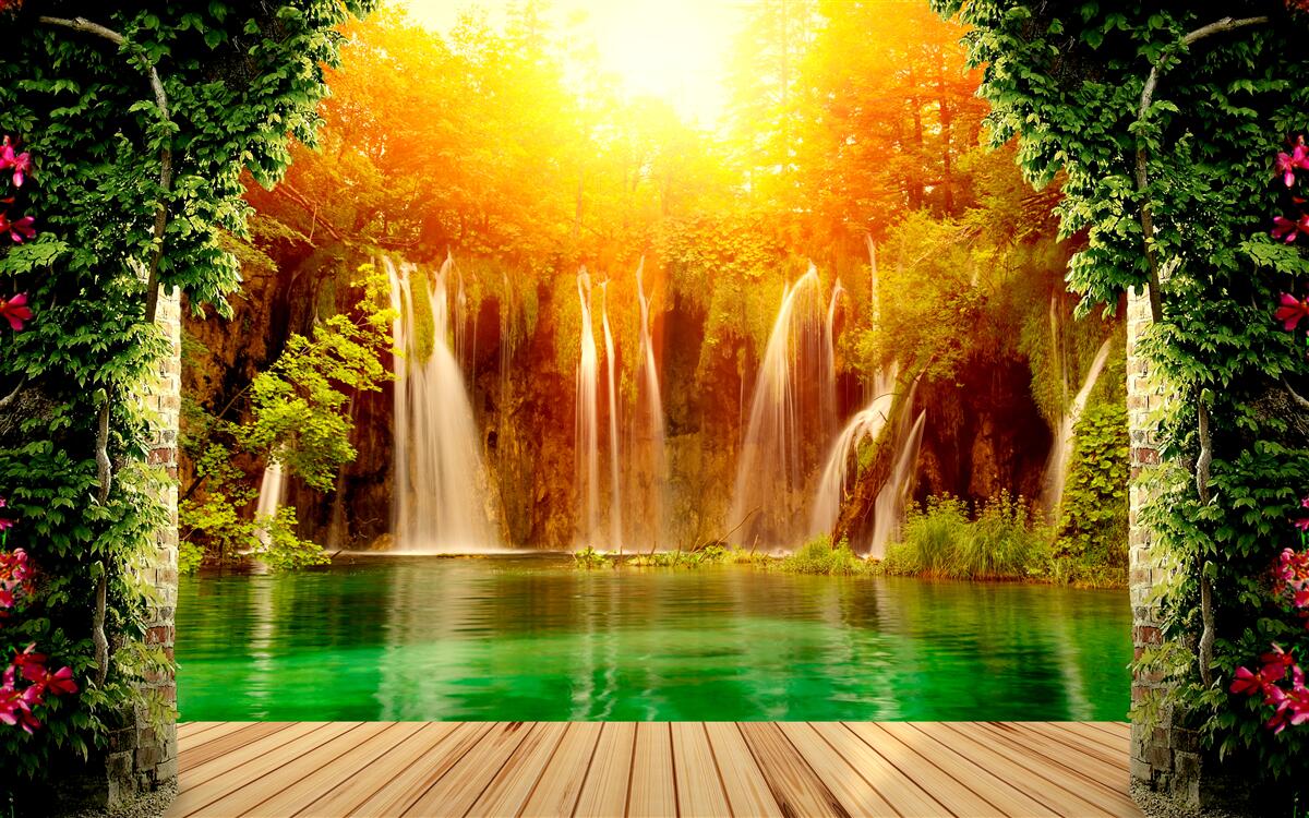 Fotobehang ongelofelijke zonsondergang bij een vallende waterval