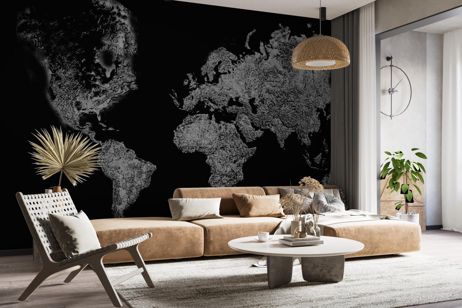 Fotobehang wereldkaart met reliëfprojectie