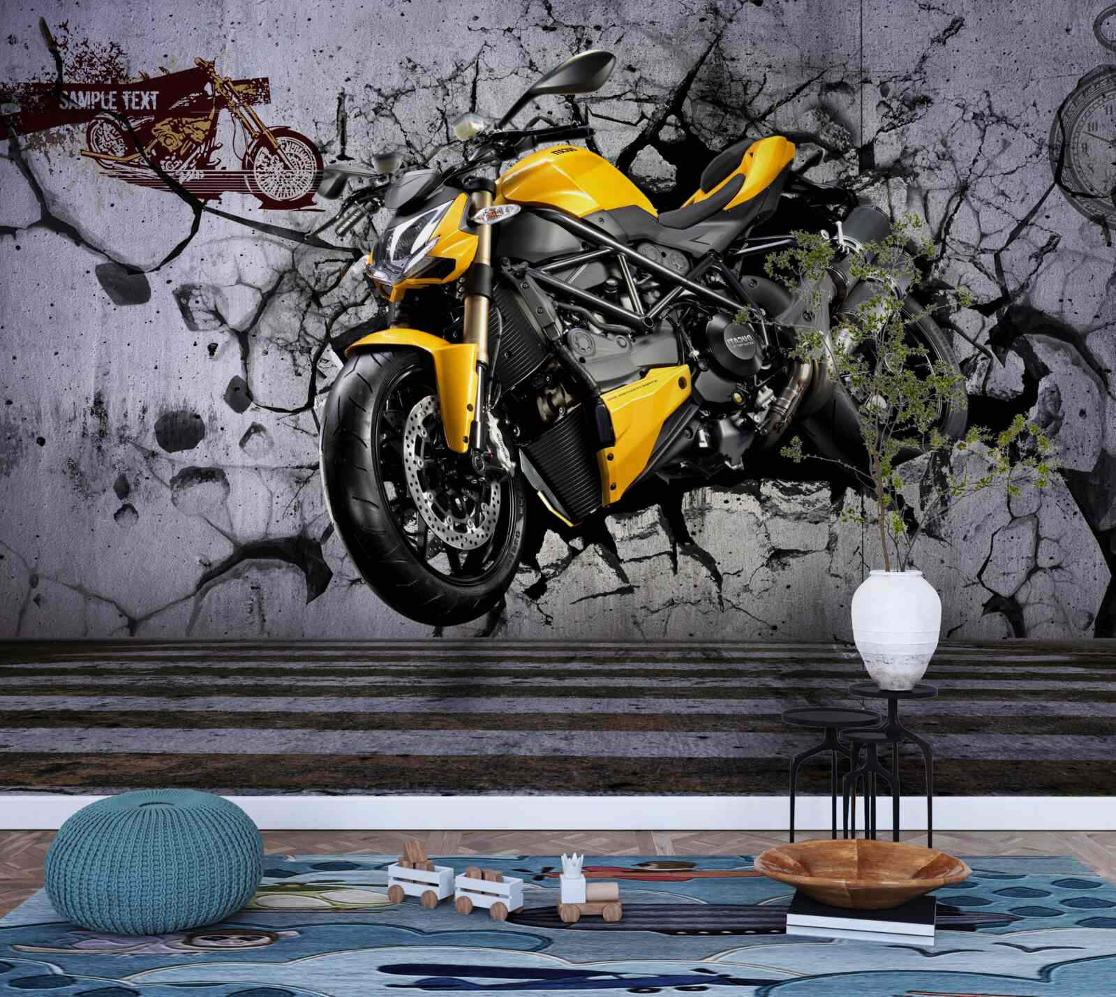 Fotobehang Gele motorfiets tegen een achtergrond van graffiti