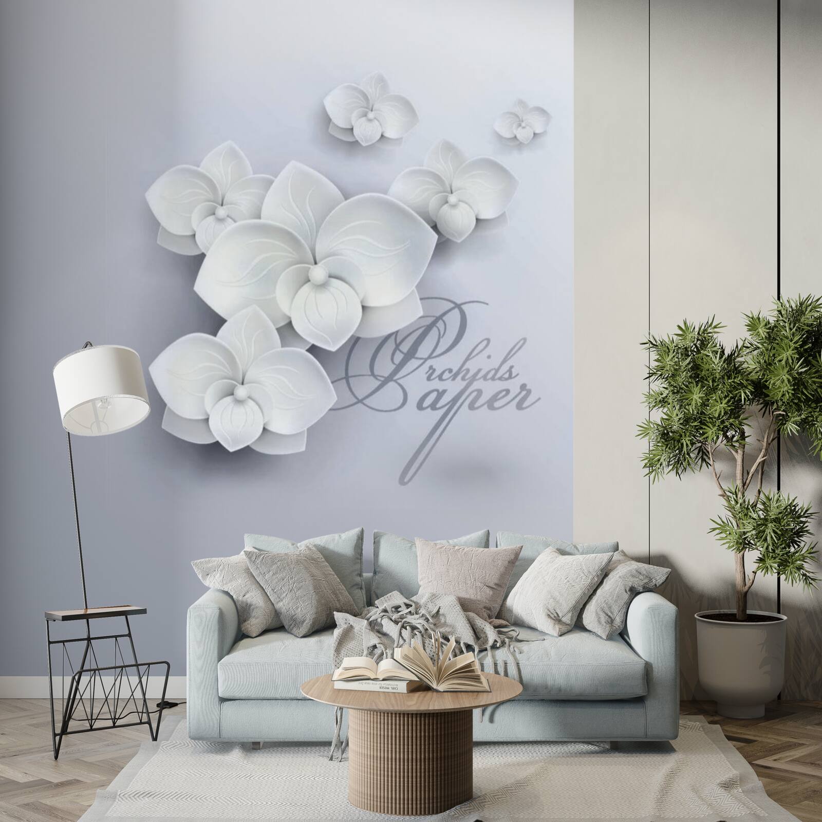 Fotobehang grijze achtergrond versierd met witte orchideeën