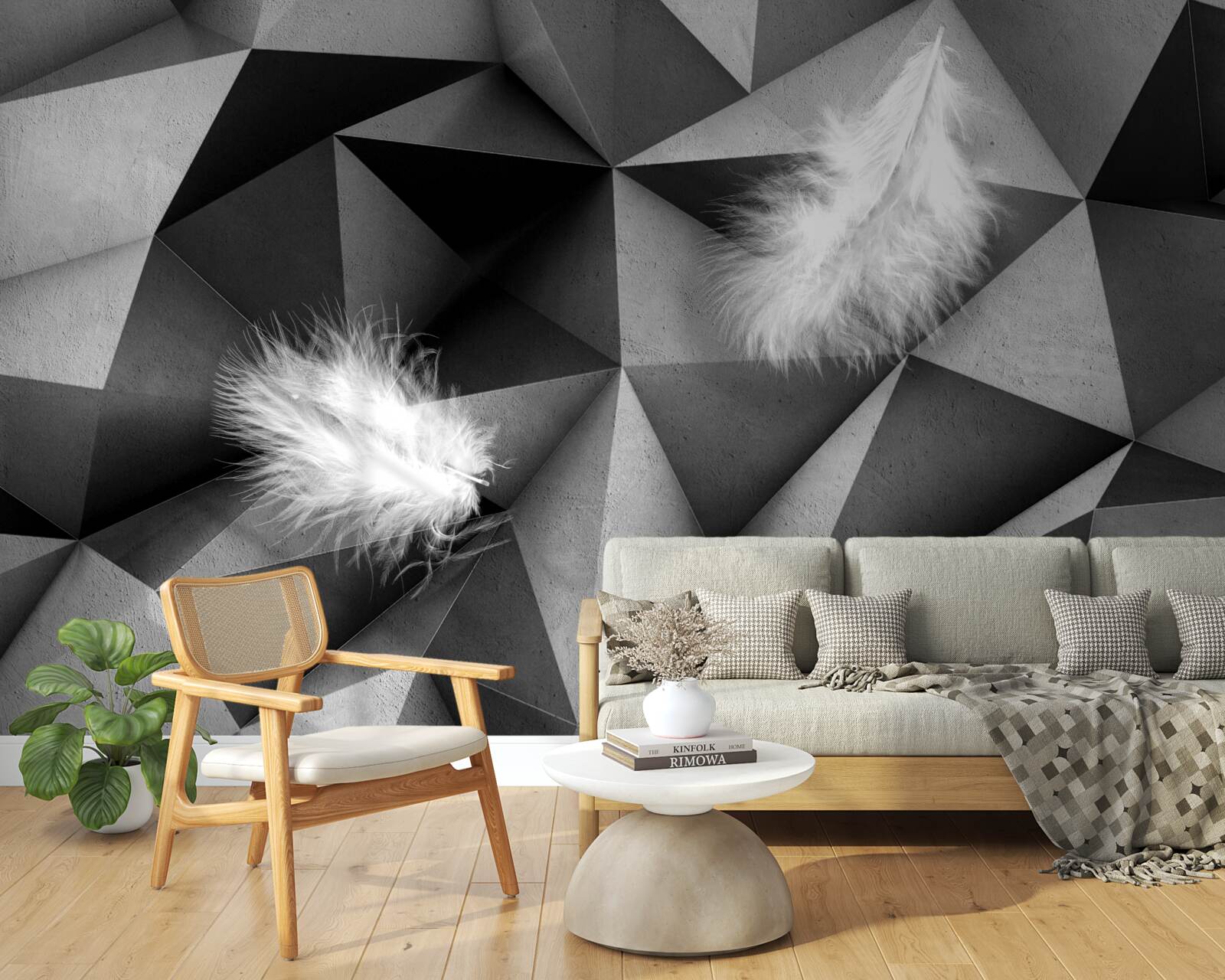 Fotobehang witte veren en kubistische stijl