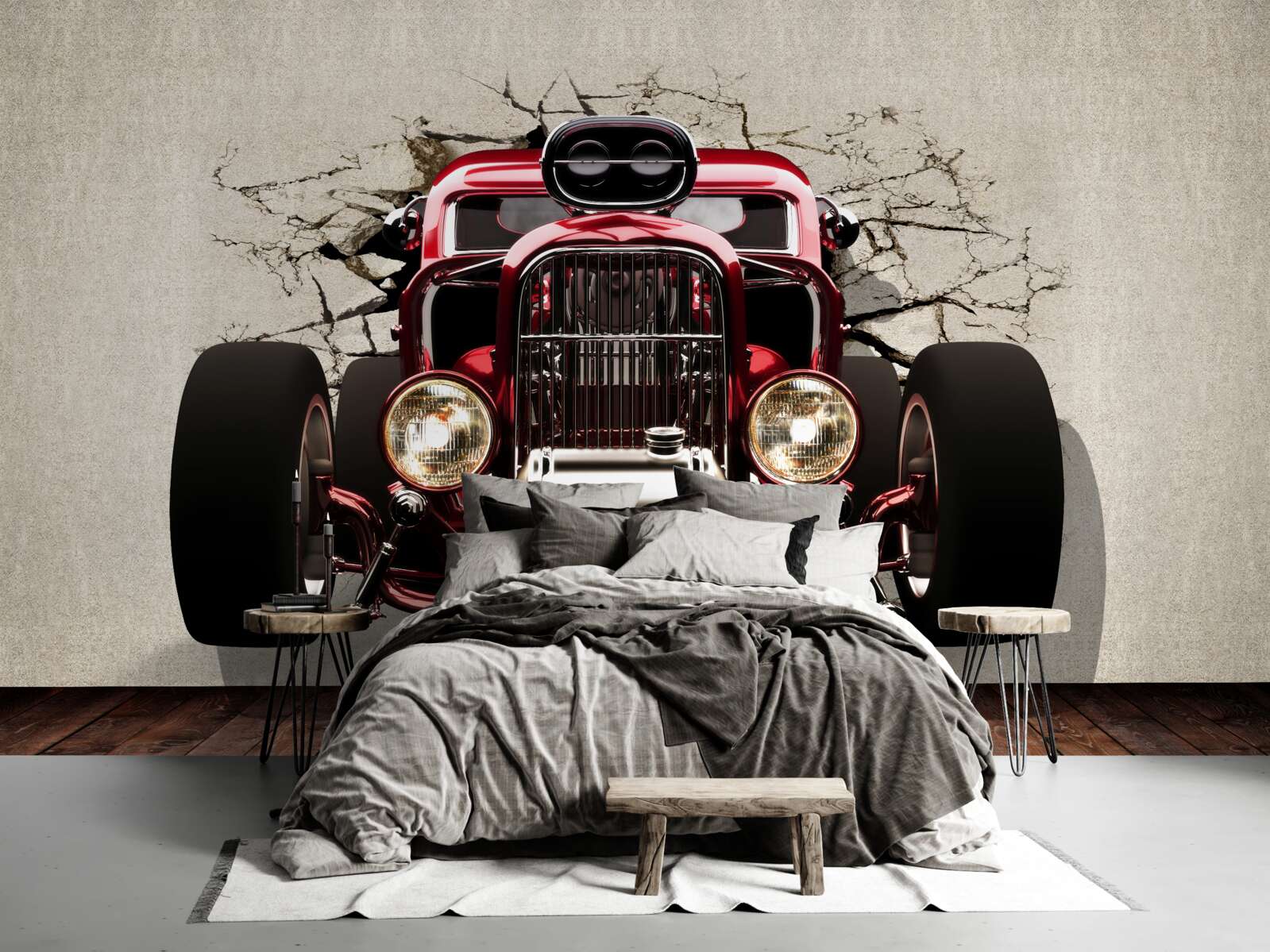 Fotobehang een rode auto komt uit de muur