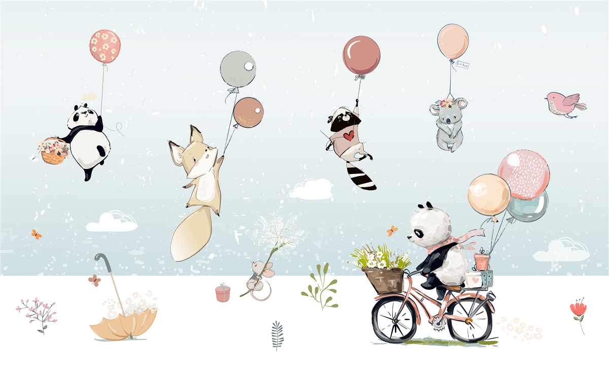 Fotobehang fiets panda en bubble dieren
