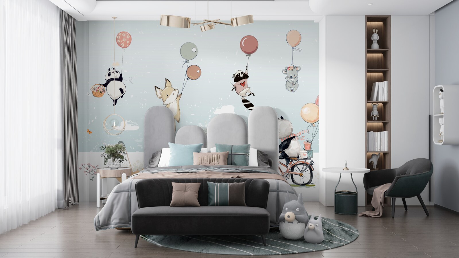 Fotobehang fiets panda en bubble dieren