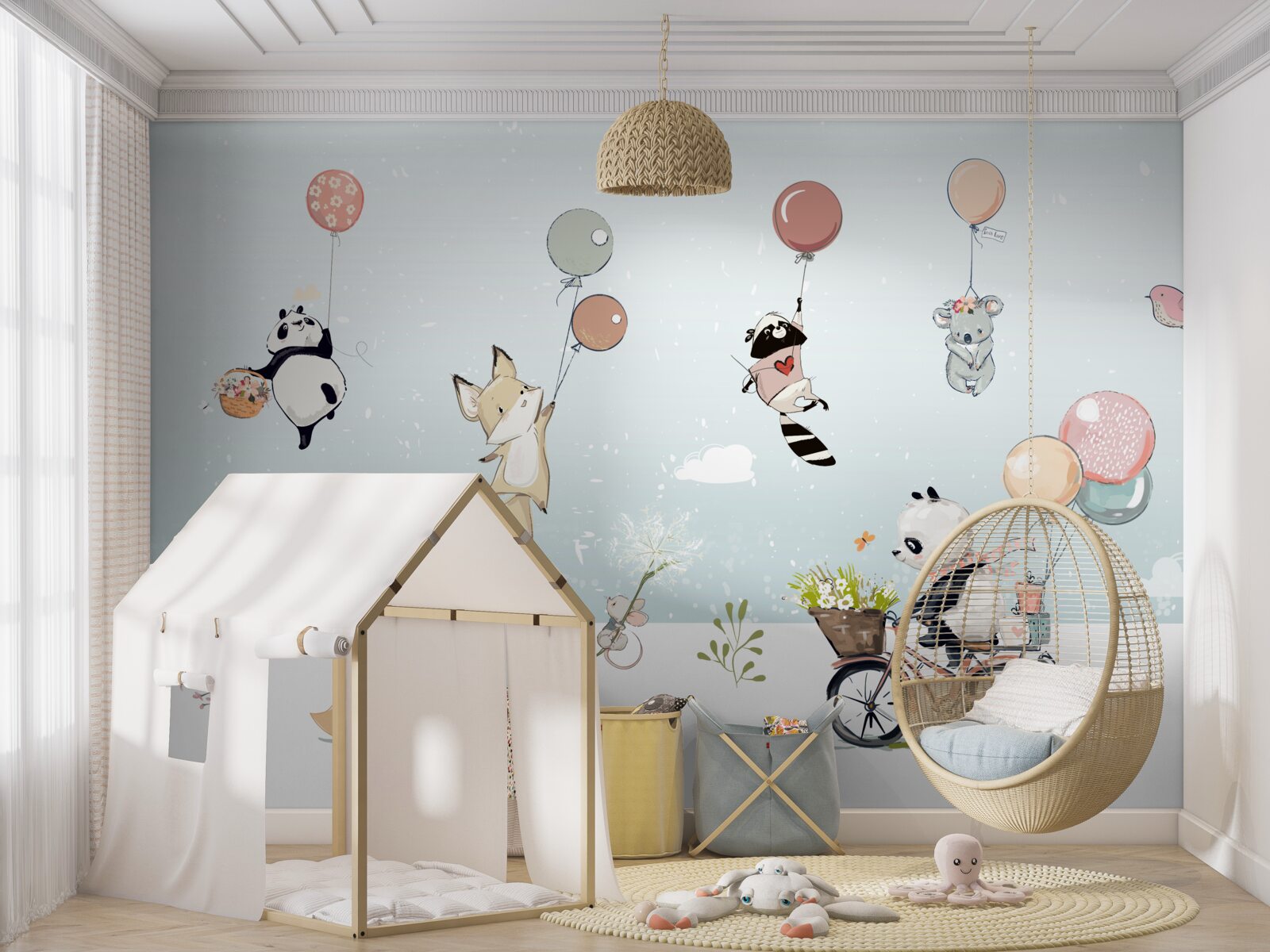 Fotobehang fiets panda en bubble dieren