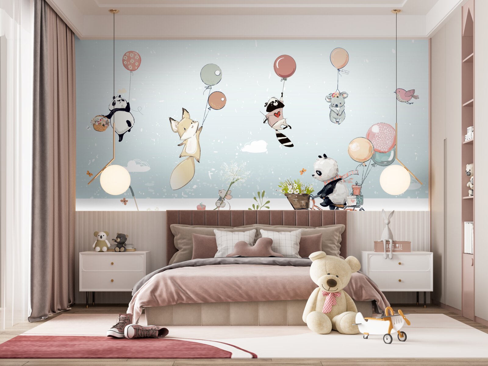 Fotobehang fiets panda en bubble dieren