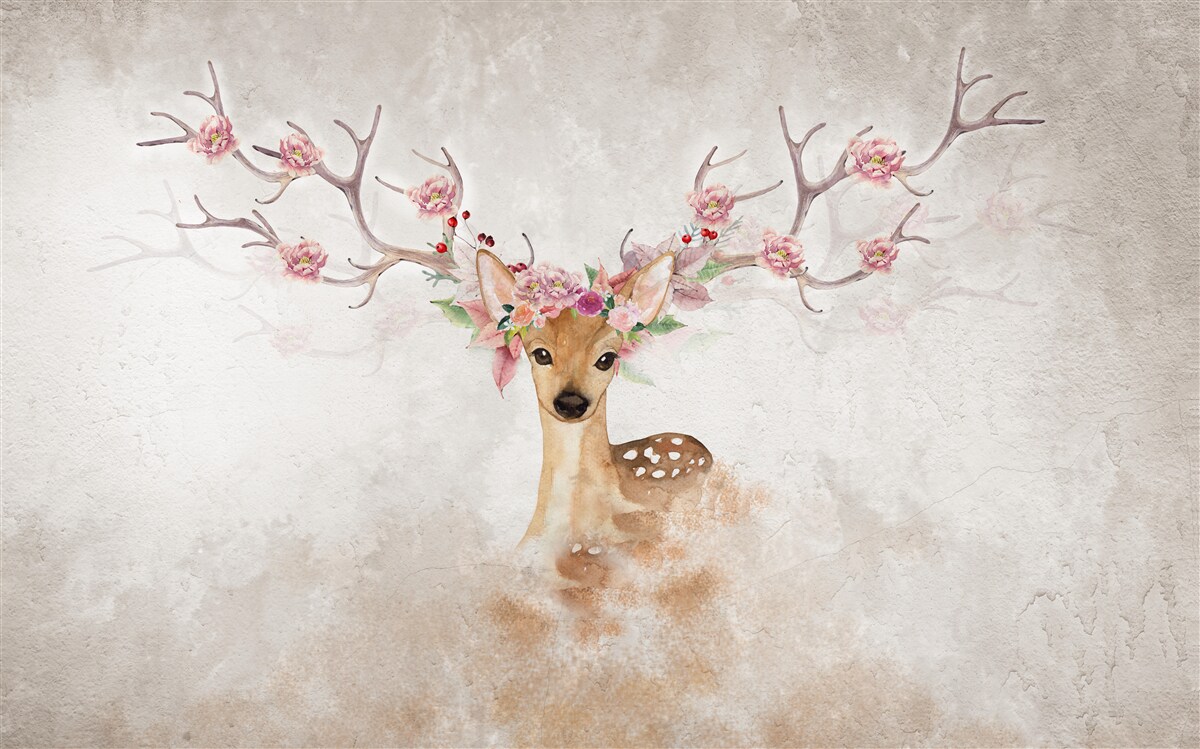 Fotobehang het schilderij toont een hert met bloemdecoraties op zijn hoorns