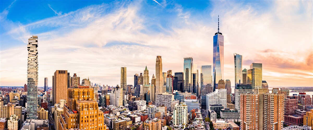 Fotobehang zonsondergang boven Lower Manhattan