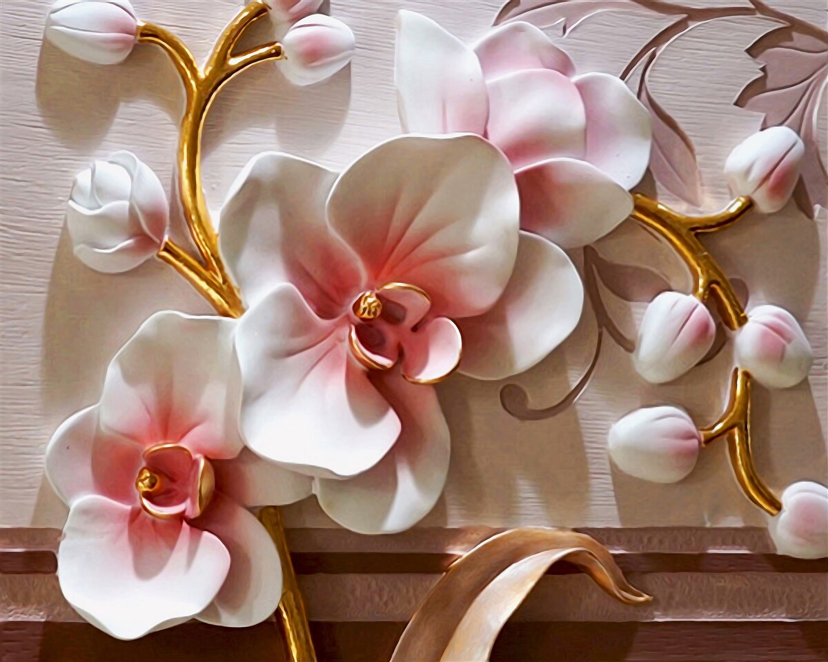 Fotobehang bloeiende majestueuze orchideeën en ongeopende knoppen