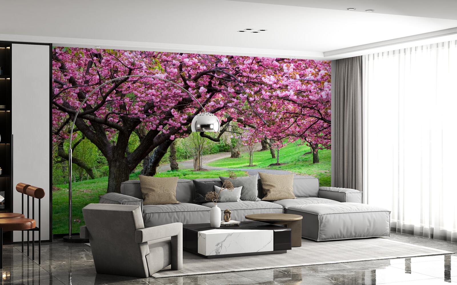 Fotobehang een laan in het park bezaaid met bloemen