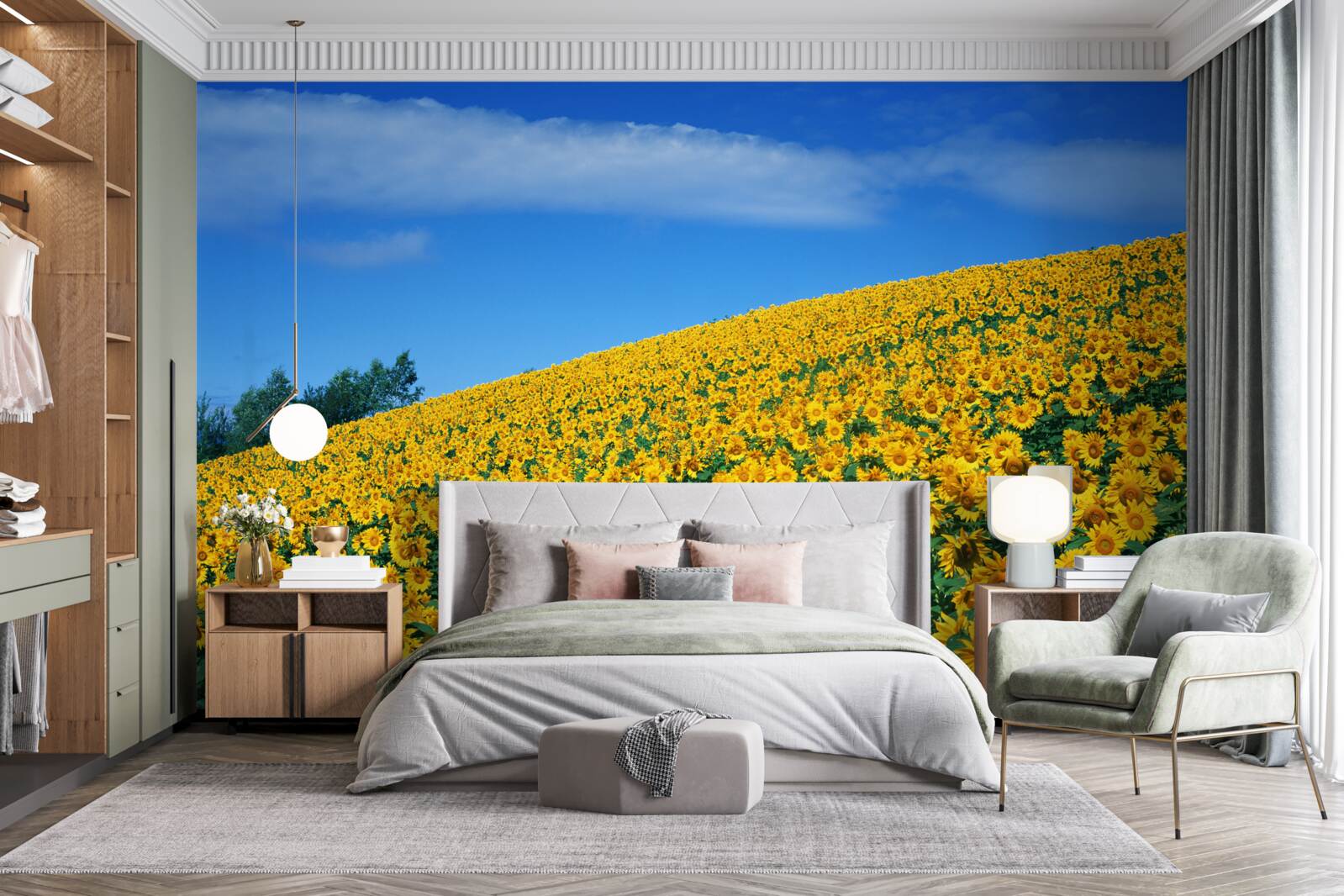 Fotobehang Een geweldige ruimte met zonnebloemen