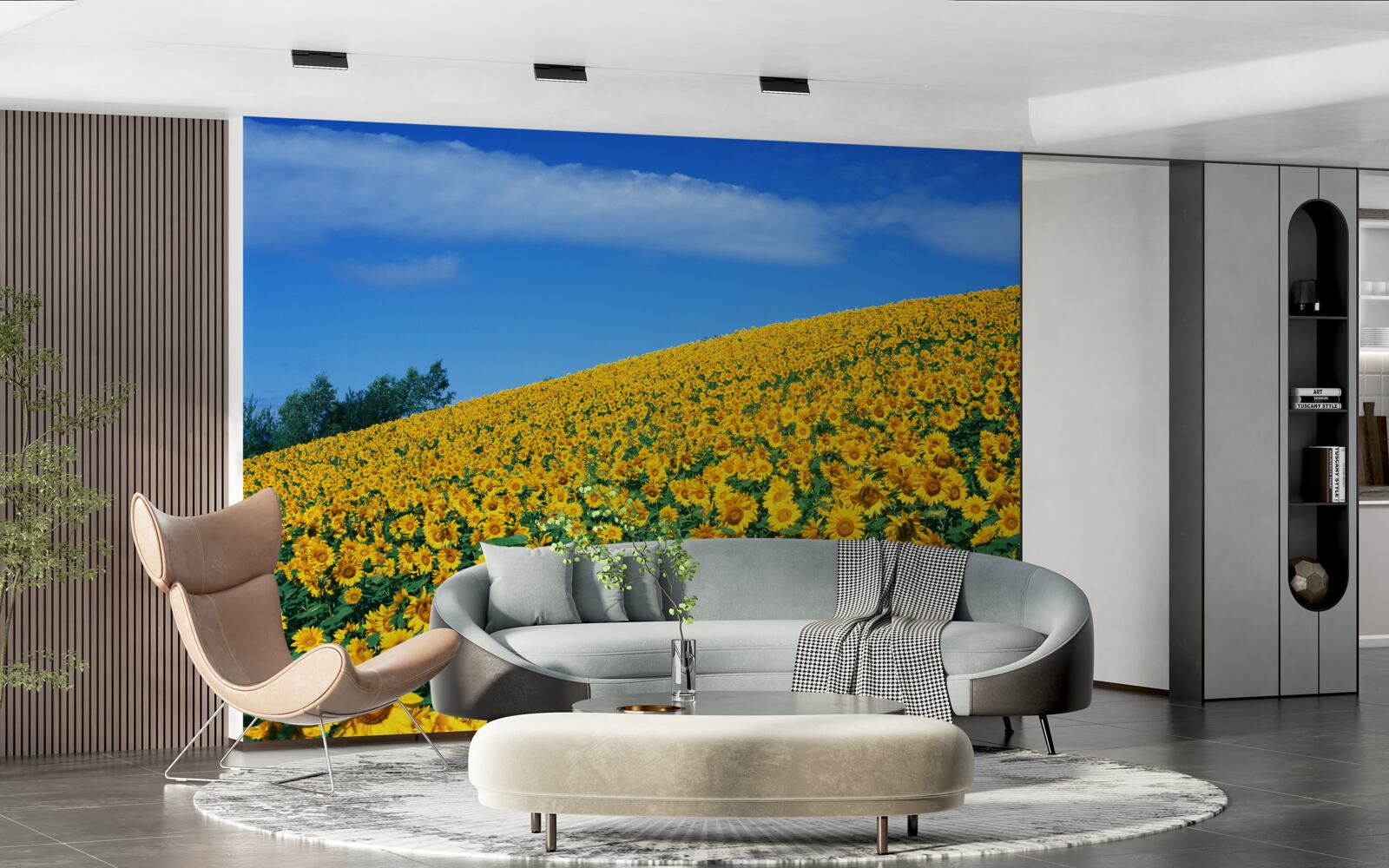 Fotobehang Een geweldige ruimte met zonnebloemen