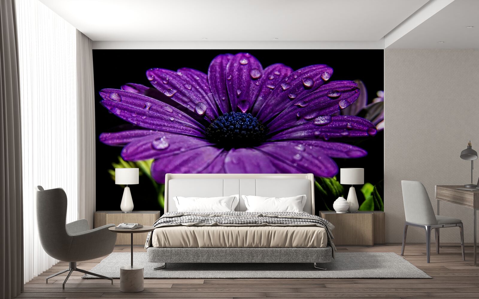 Fotobehang waterdruppels op een paarse gerberabloem