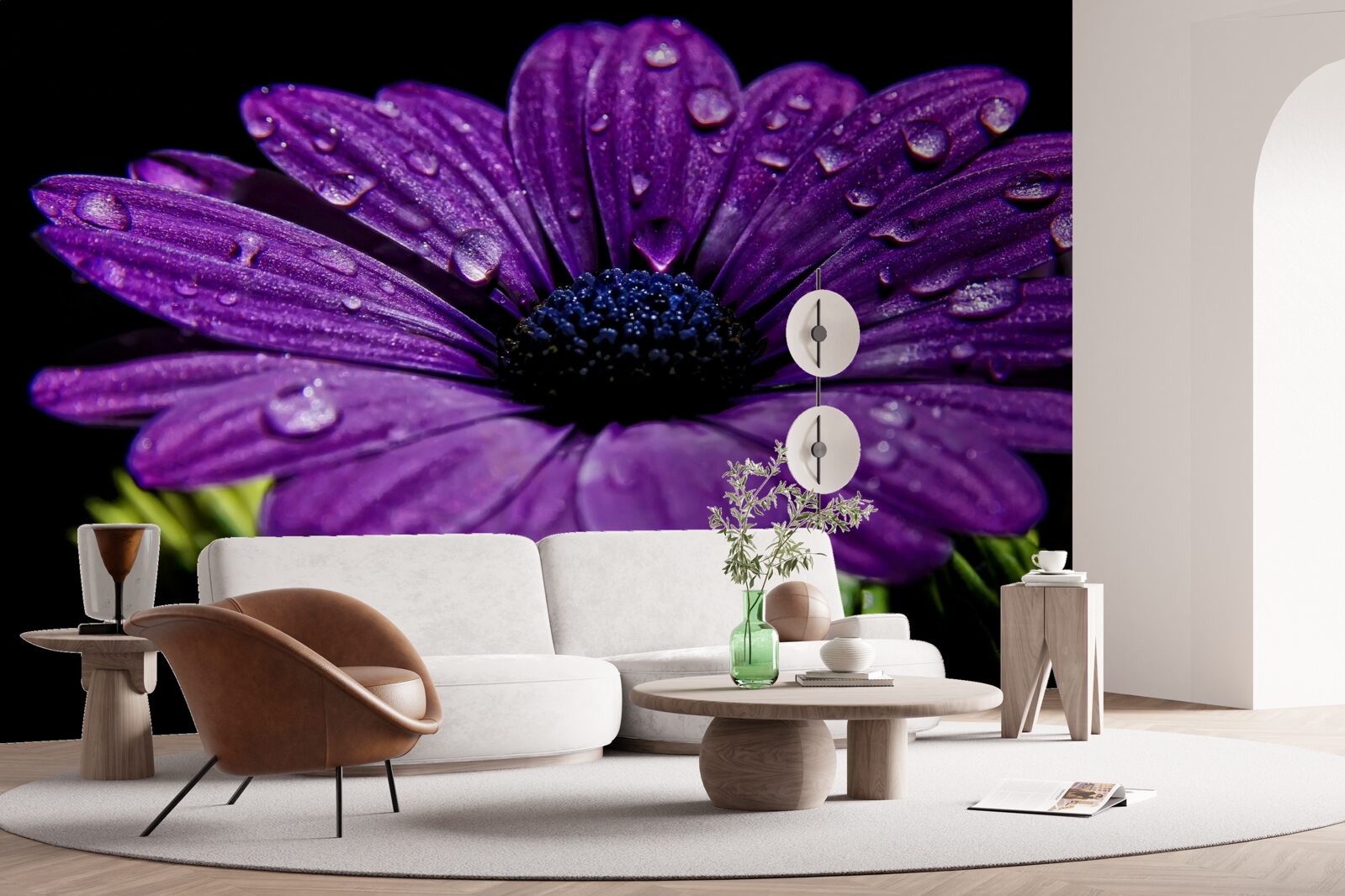 Fotobehang waterdruppels op een paarse gerberabloem