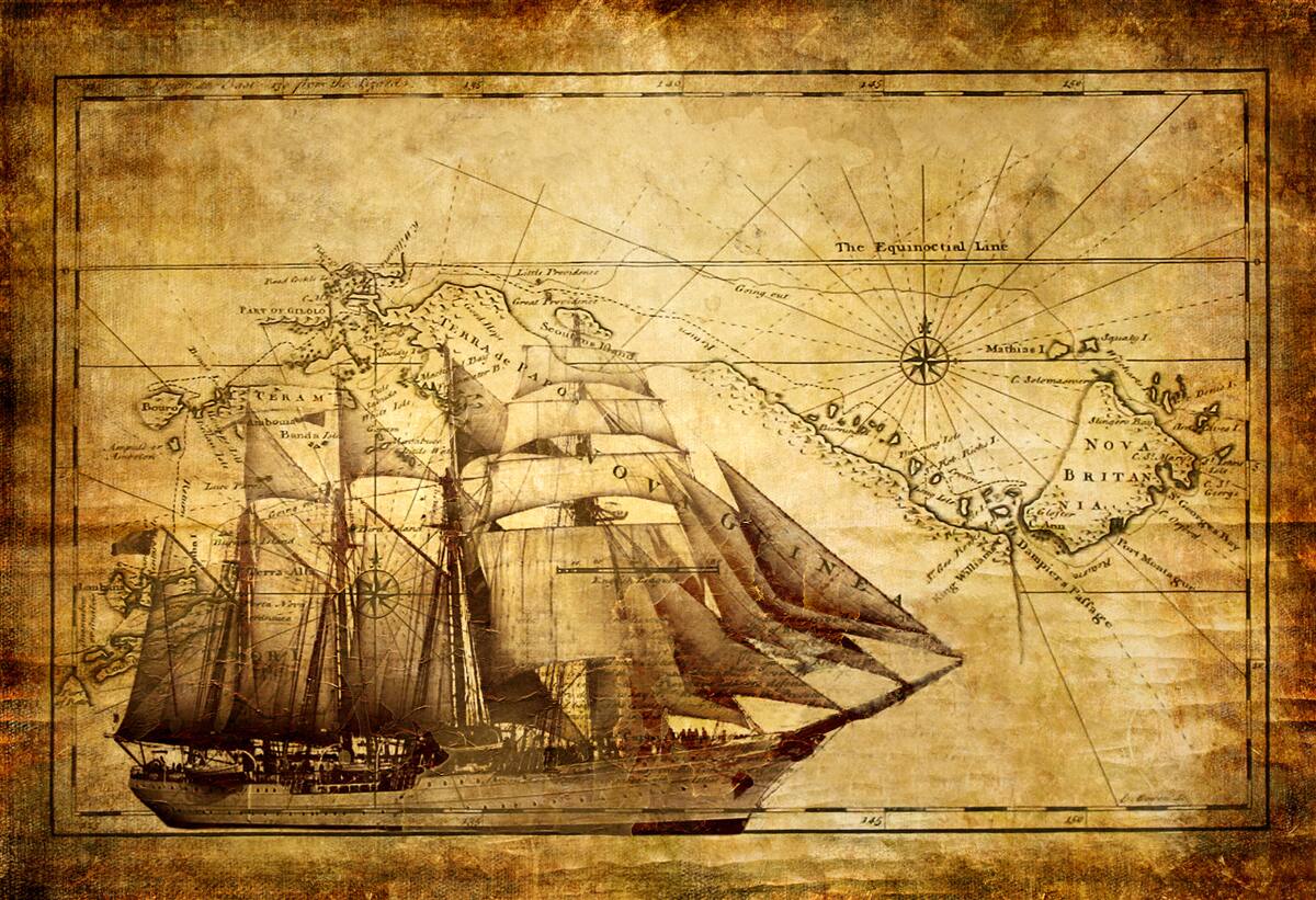 Fotobehang schip met zeilen op perkament