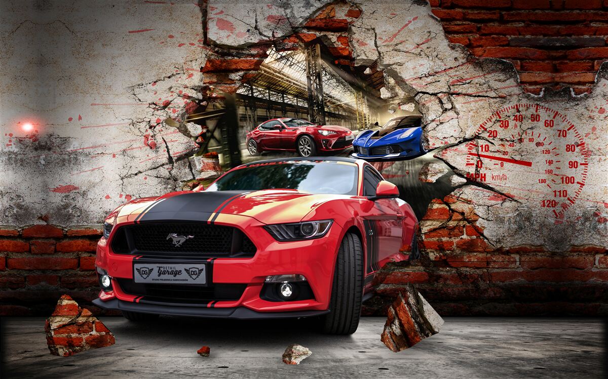 Fotobehang mustang rood aan de muur