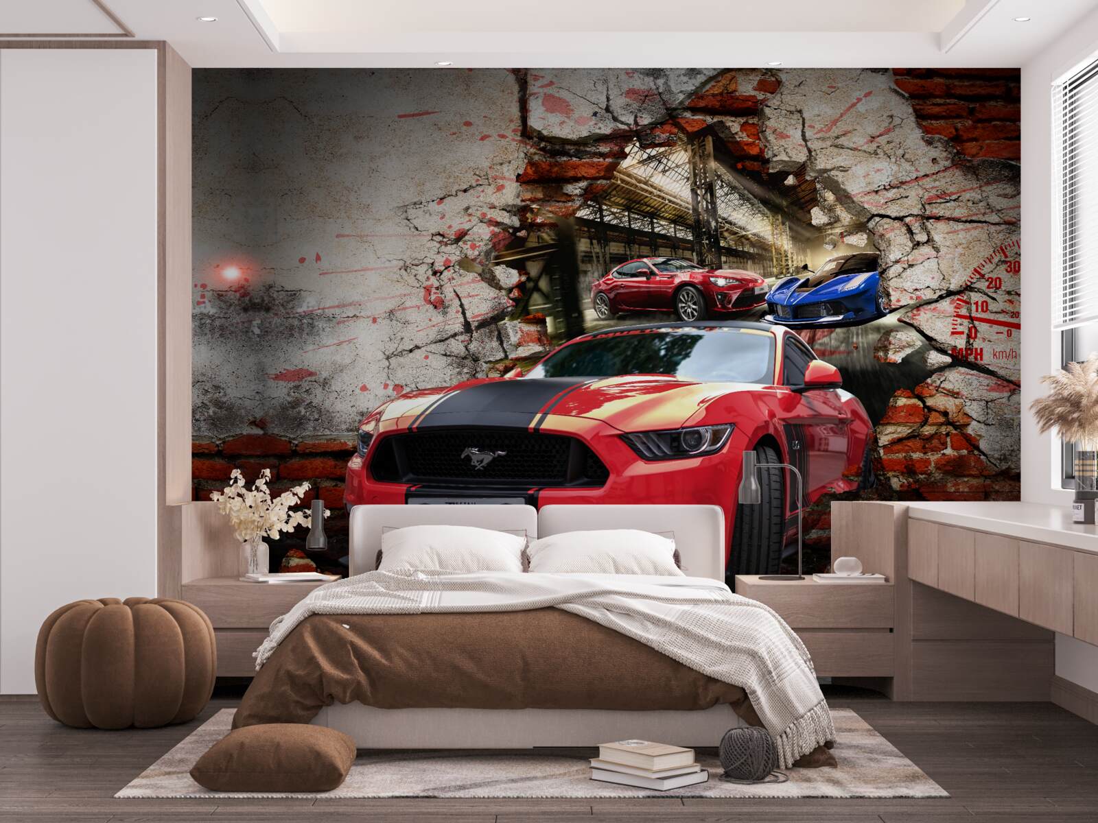 Fotobehang mustang rood aan de muur