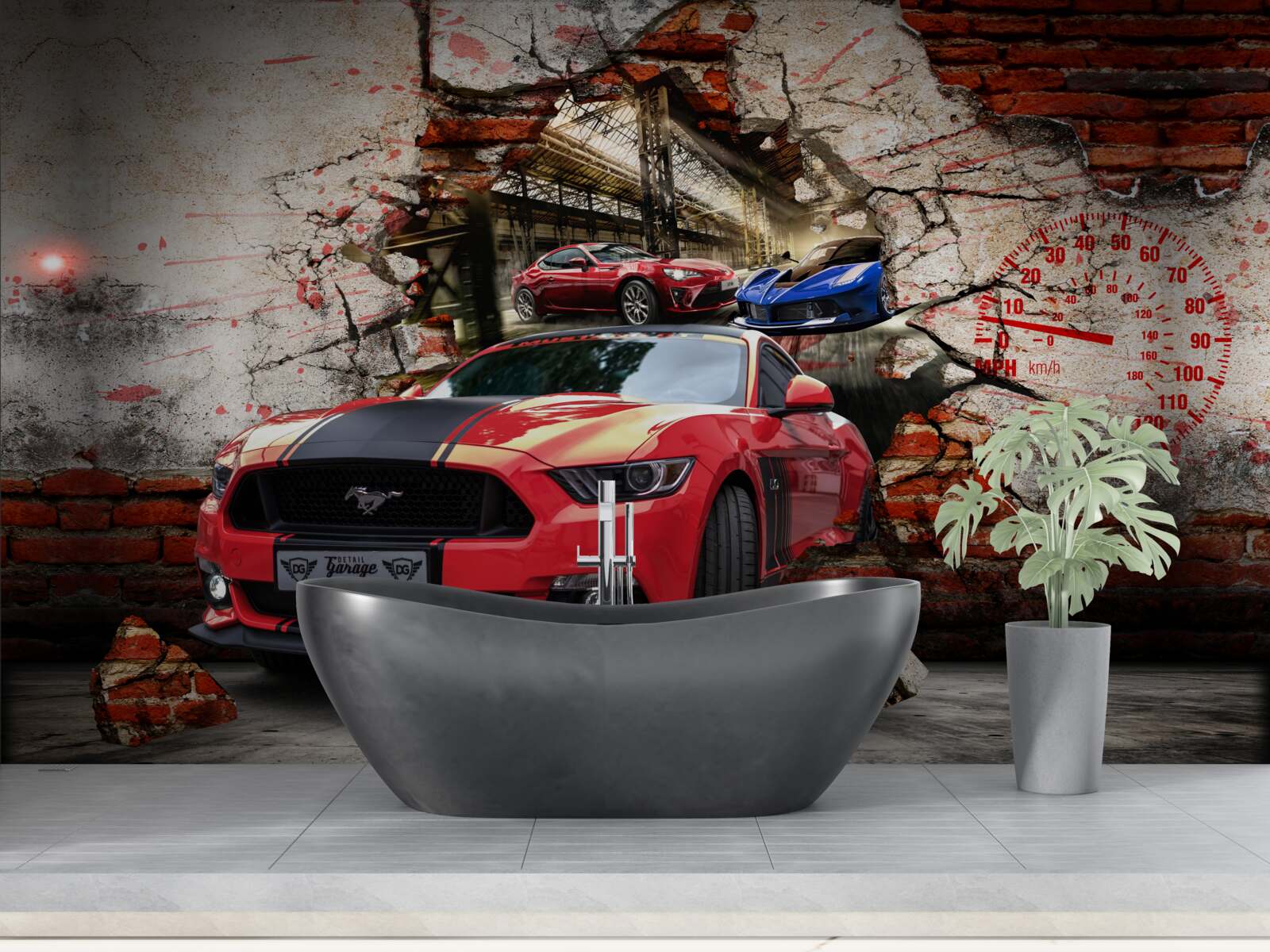 Fotobehang mustang rood aan de muur