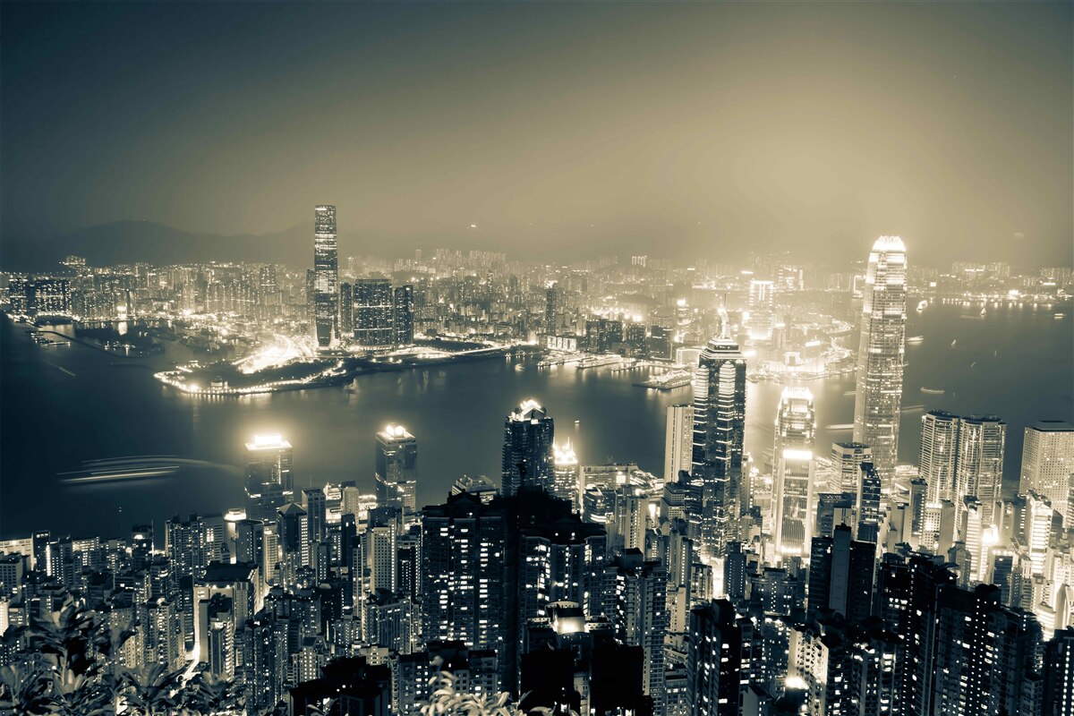 Fotobehang panoramisch nachtzicht van hong kong