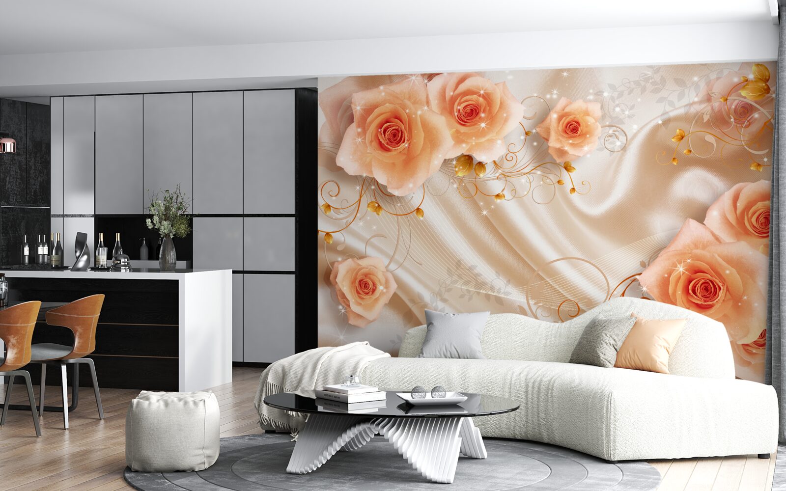 Fotobehang oranje rozen op zijdesatijn