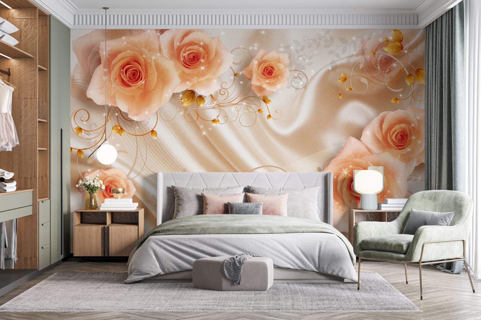 Fotobehang oranje rozen op zijdesatijn