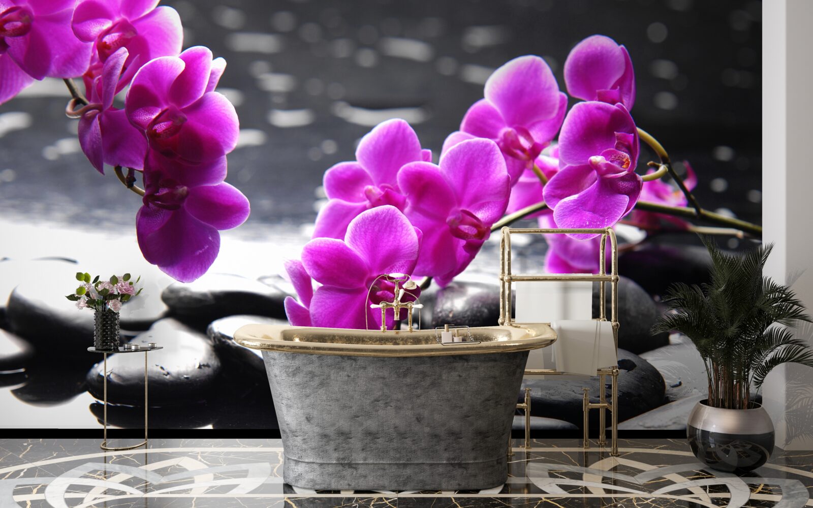 Fotobehang orchidee met lila tint, gezet op matzwarte stenen