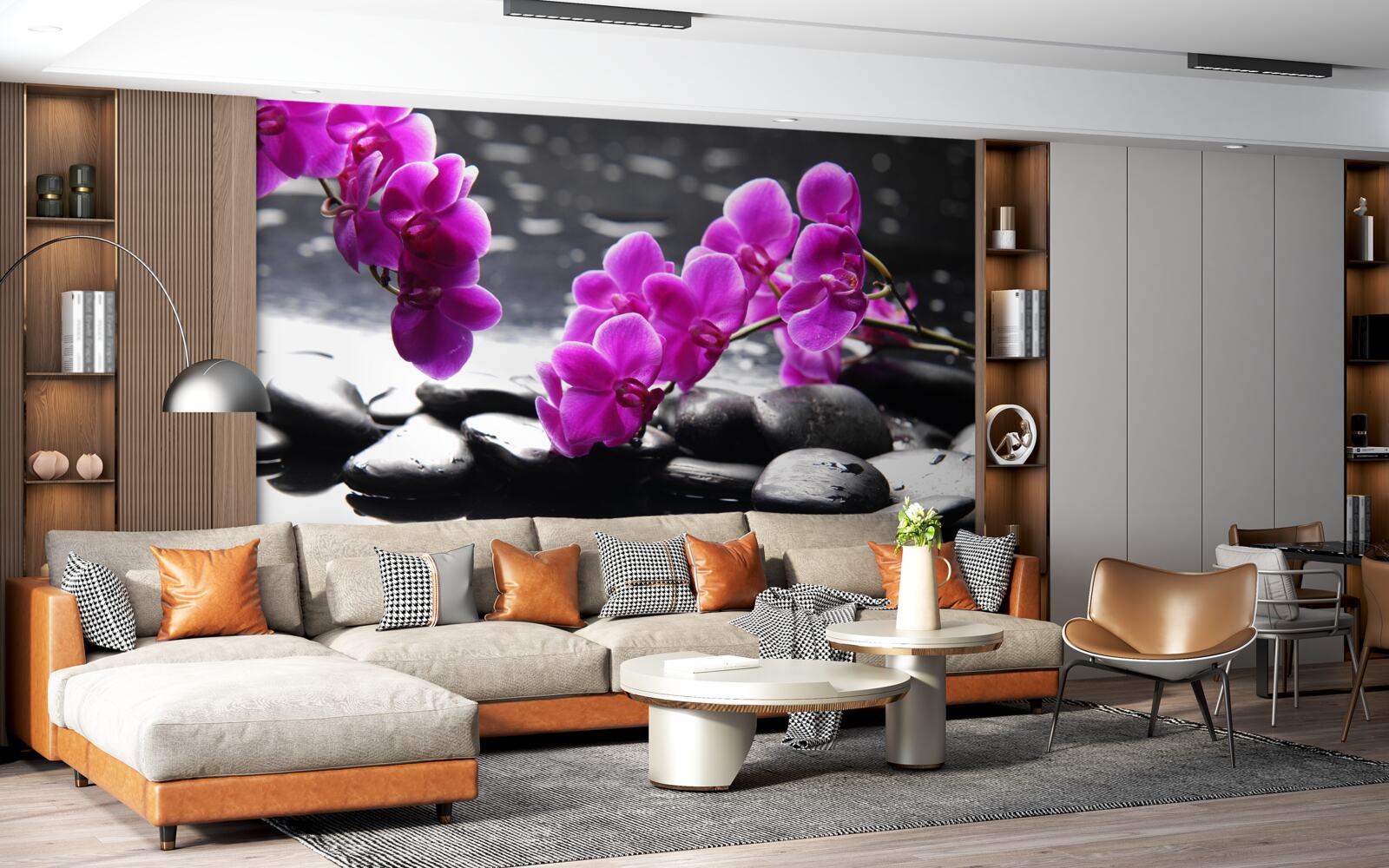 Fotobehang orchidee met lila tint, gezet op matzwarte stenen