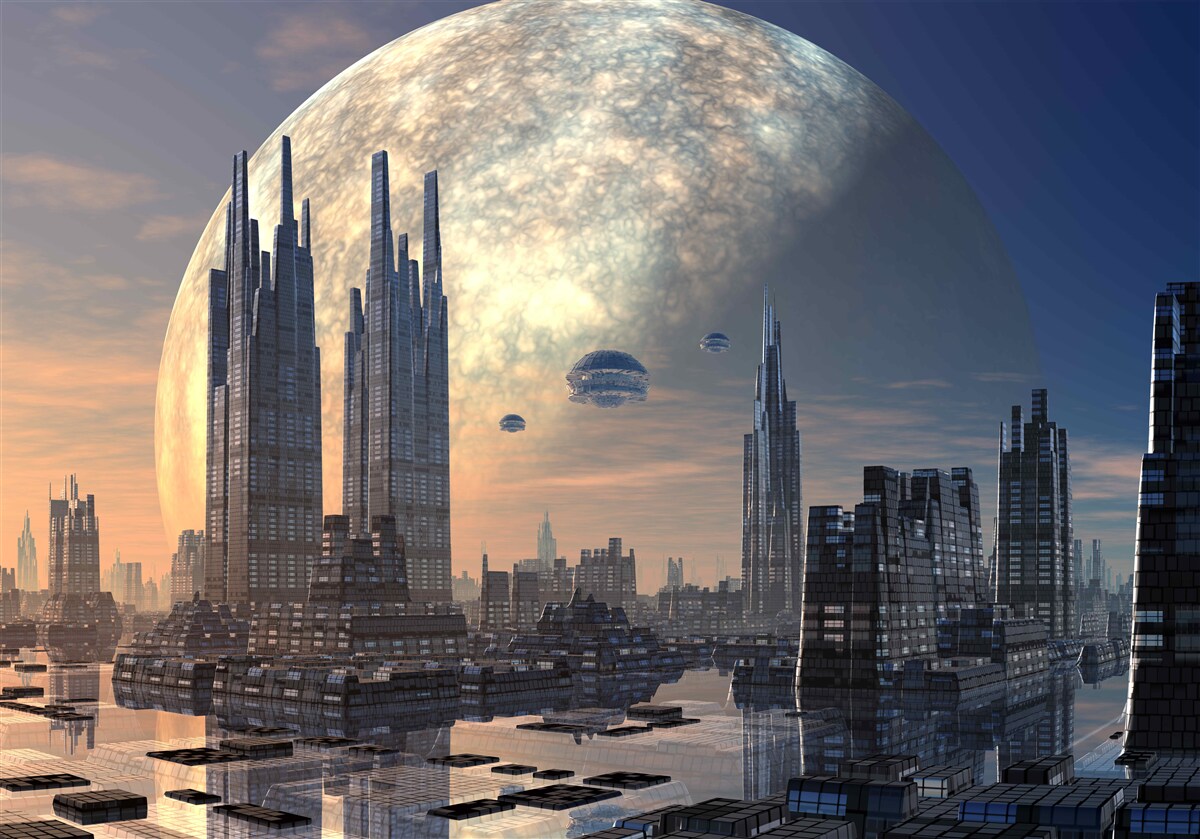 Fotobehang futuristische stad in het maanlicht