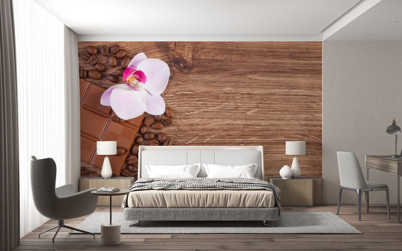 Fotobehang sneeuwwitte orchidee gedoopt in koffie en chocolade