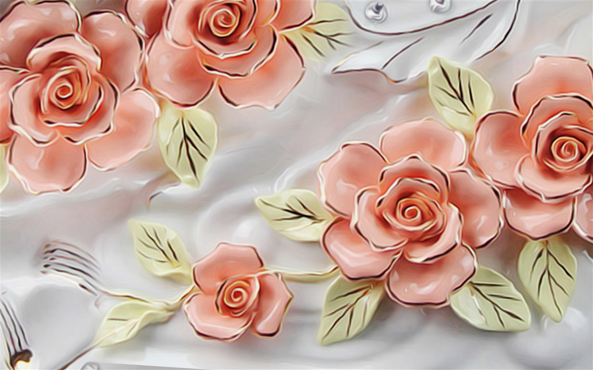 Fotobehang roze rozen met groene bladeren