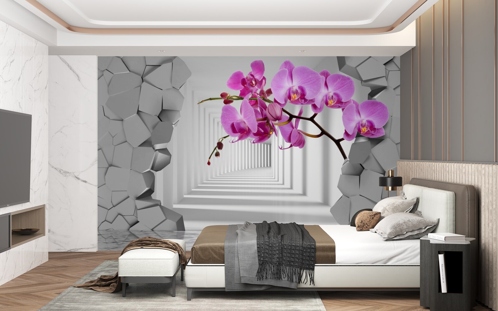 Fotobehang de orchidee penetreert de muur met haar tak