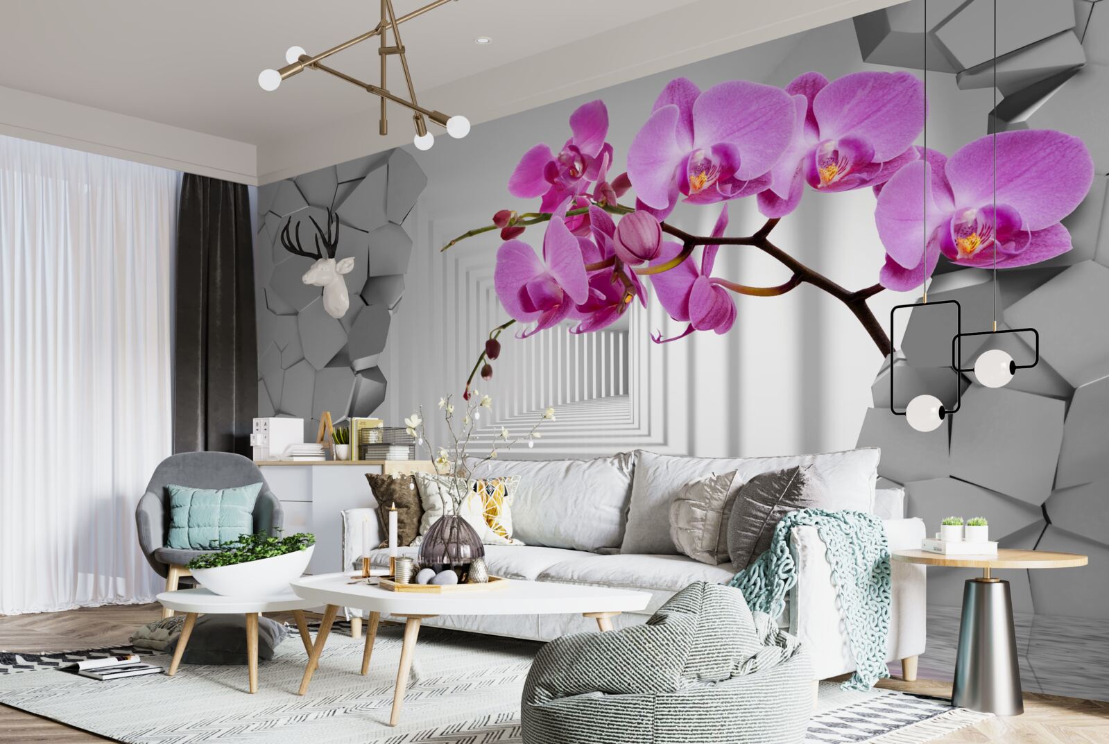 Fotobehang de orchidee penetreert de muur met haar tak