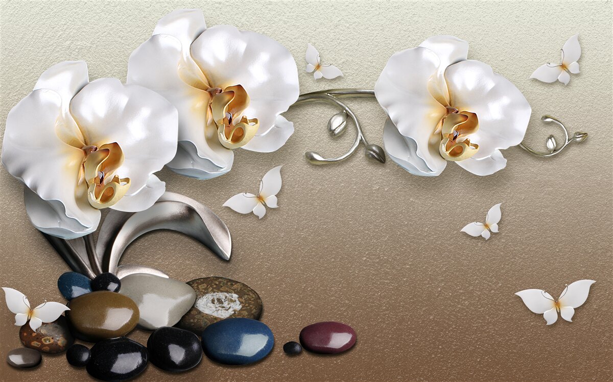 Fotobehang stenen, sneeuwwitte bloemen en vlinders