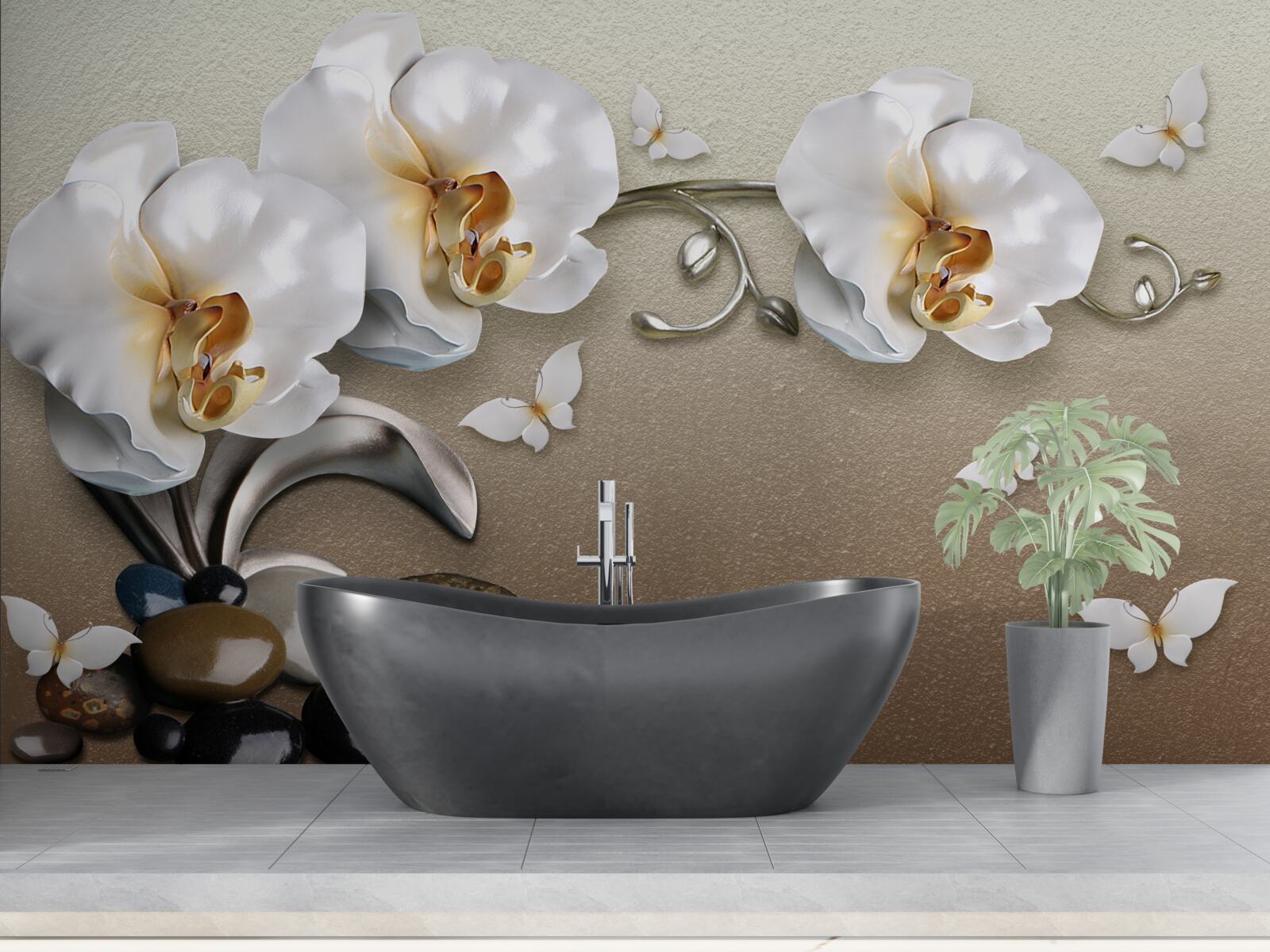 Fotobehang stenen, sneeuwwitte bloemen en vlinders
