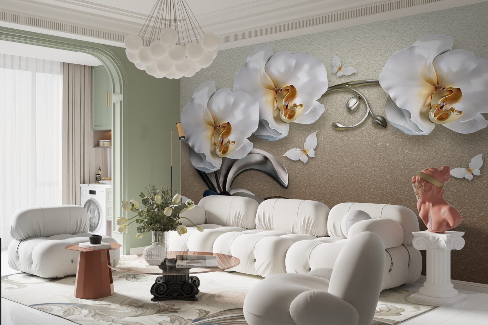 Fotobehang stenen, sneeuwwitte bloemen en vlinders