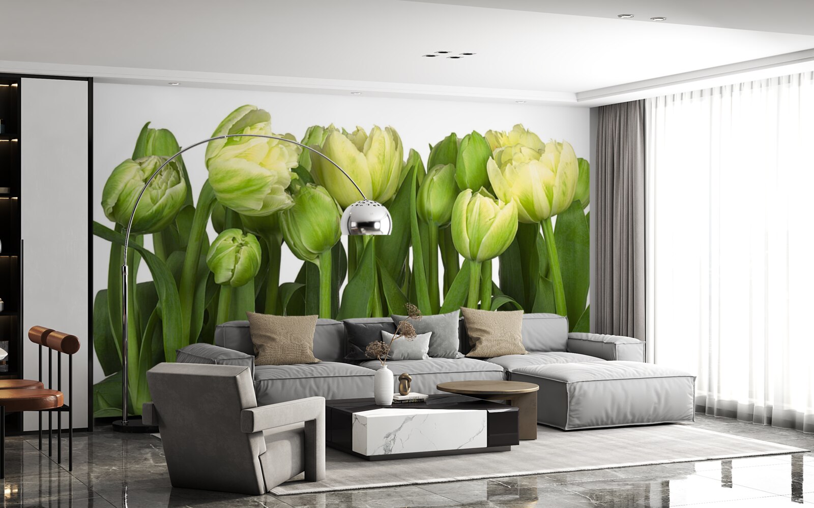 Fotobehang set gedeeltelijk geopende lichte tulpen