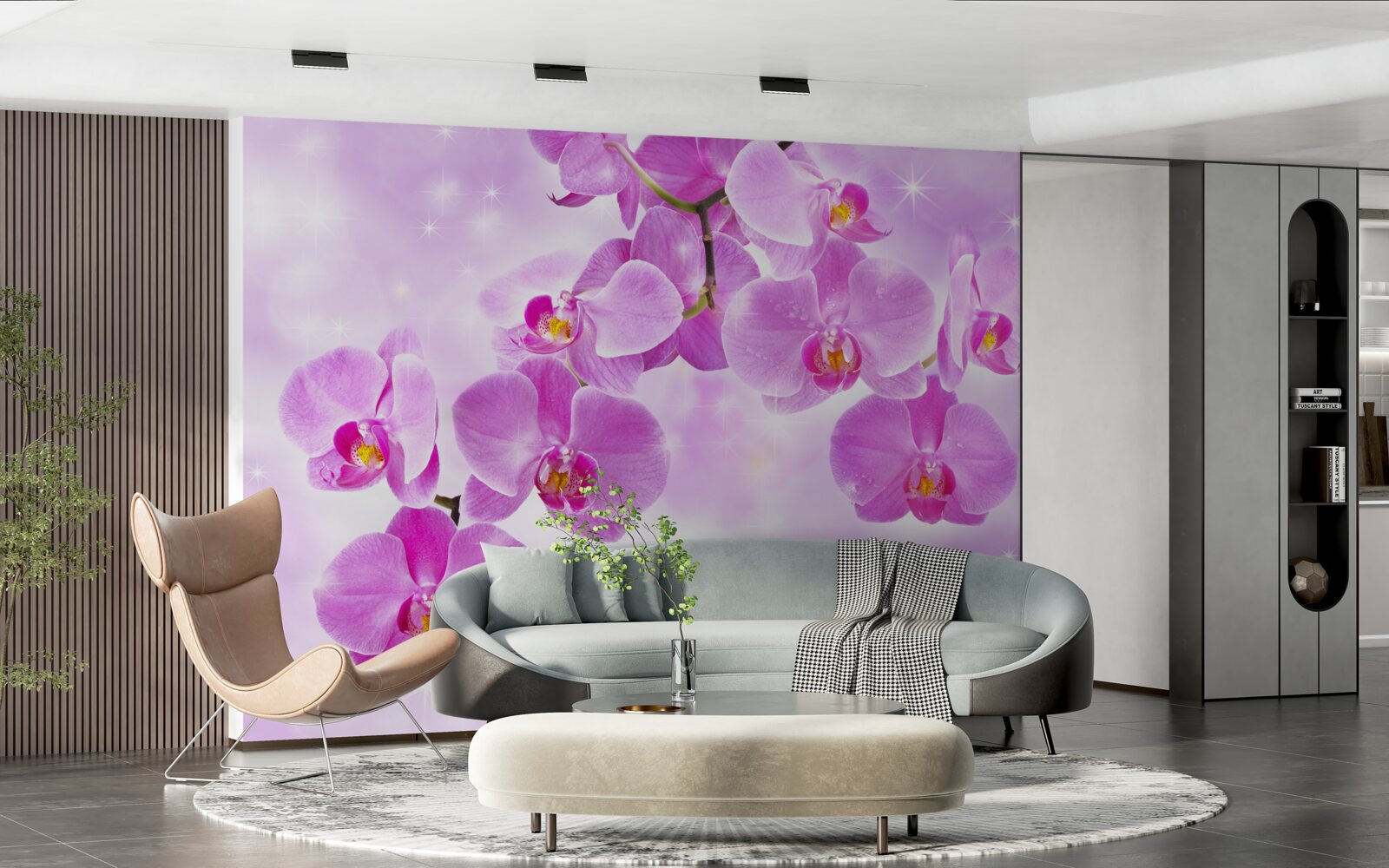 Fotobehang paarse orchideeën die naar beneden hangen