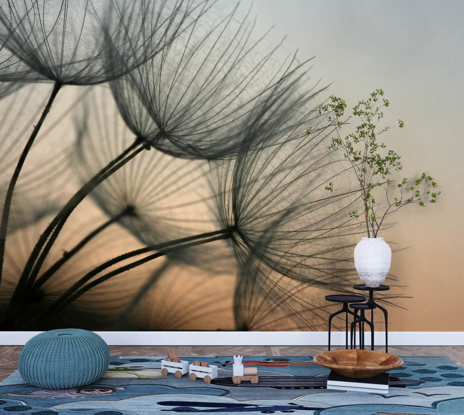 Fotobehang zonsondergang boven paardenbloemen