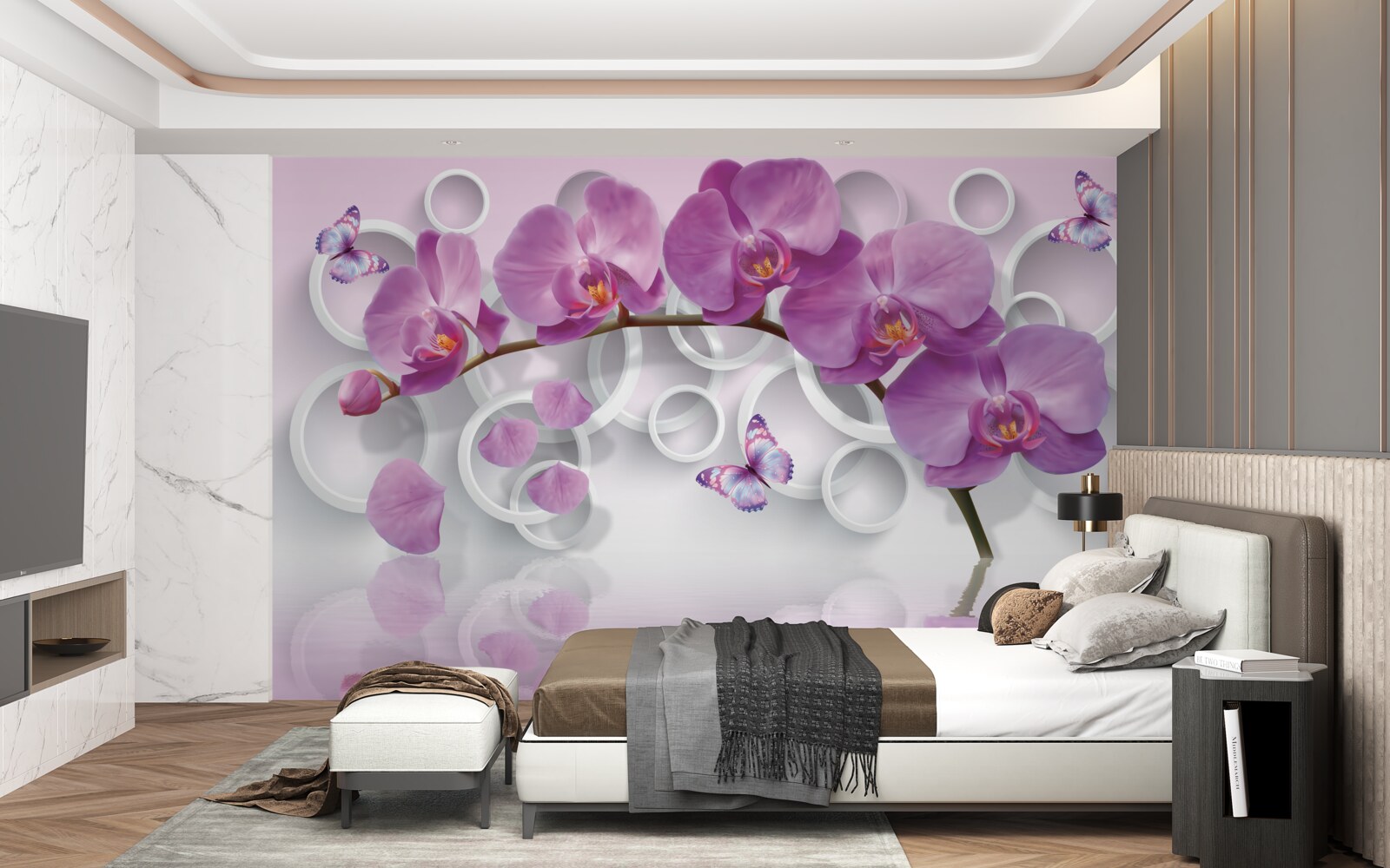 Fotobehang violette orchideeën op een lichte achtergrond